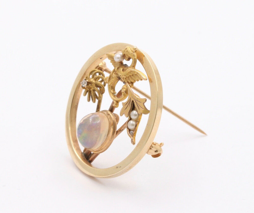 Art Nouveau 14K Yellow Gold Translucent Opal Diamond Seed Pearls Converted Brooch Pin