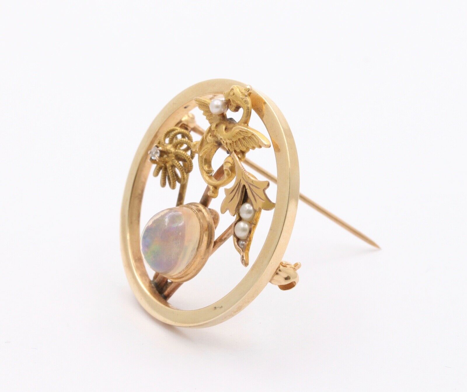 Art Nouveau 14K Yellow Gold Translucent Opal Diamond Seed Pearls Converted Brooch Pin