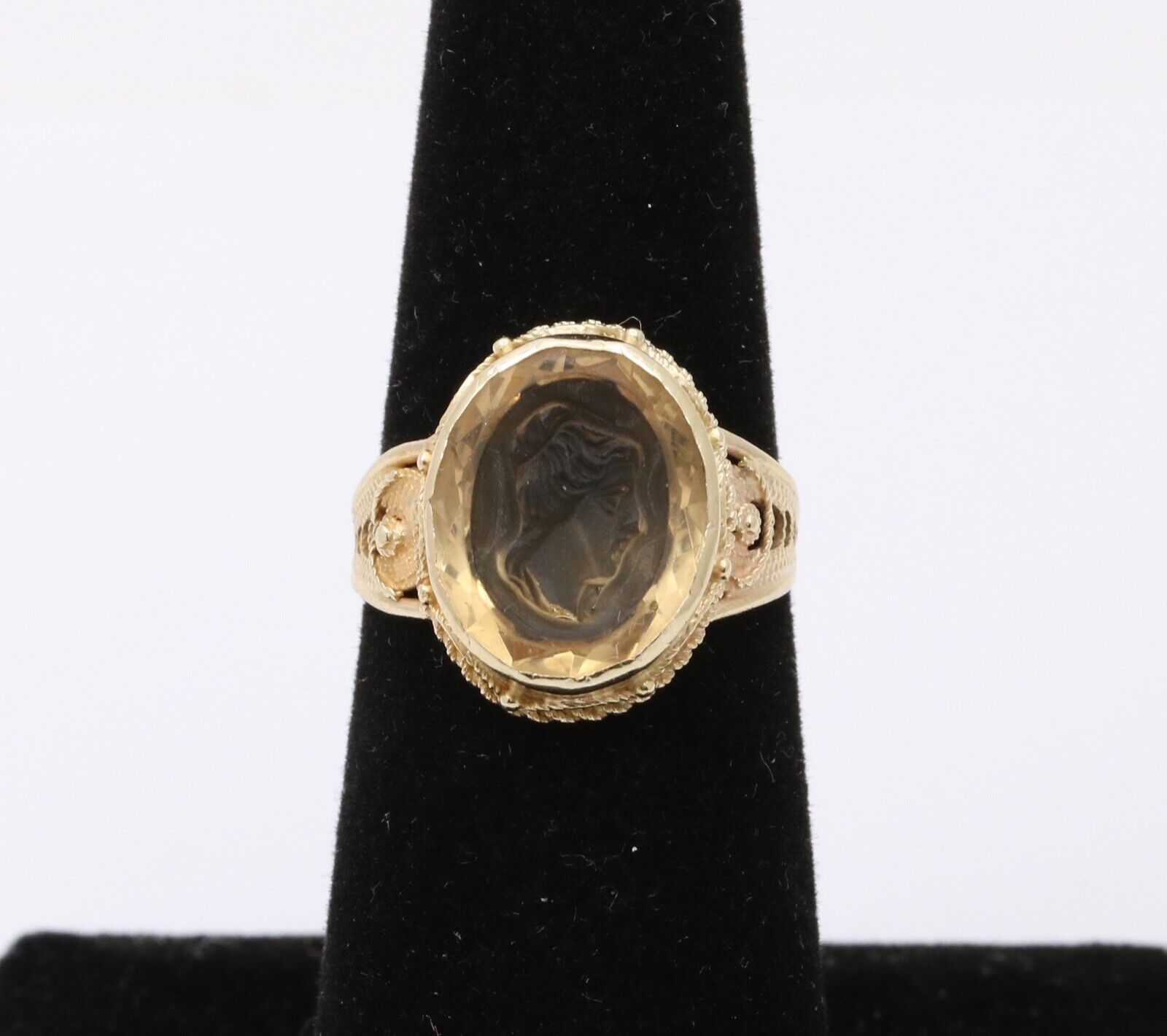Vintage Carved Portrait Citrine 14K Yellow Gold Ring