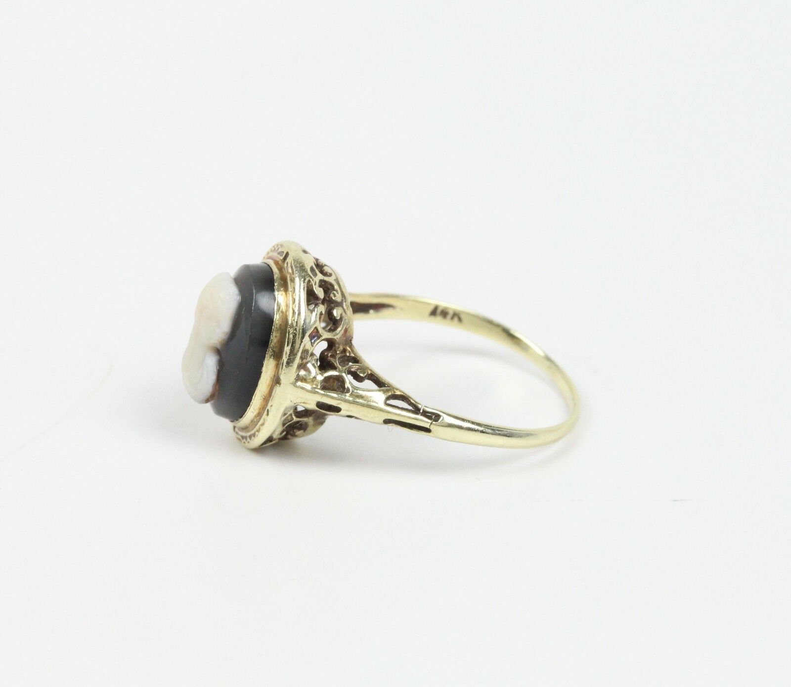 Victorian Cameo Ring 14K White Gold Black Onyx