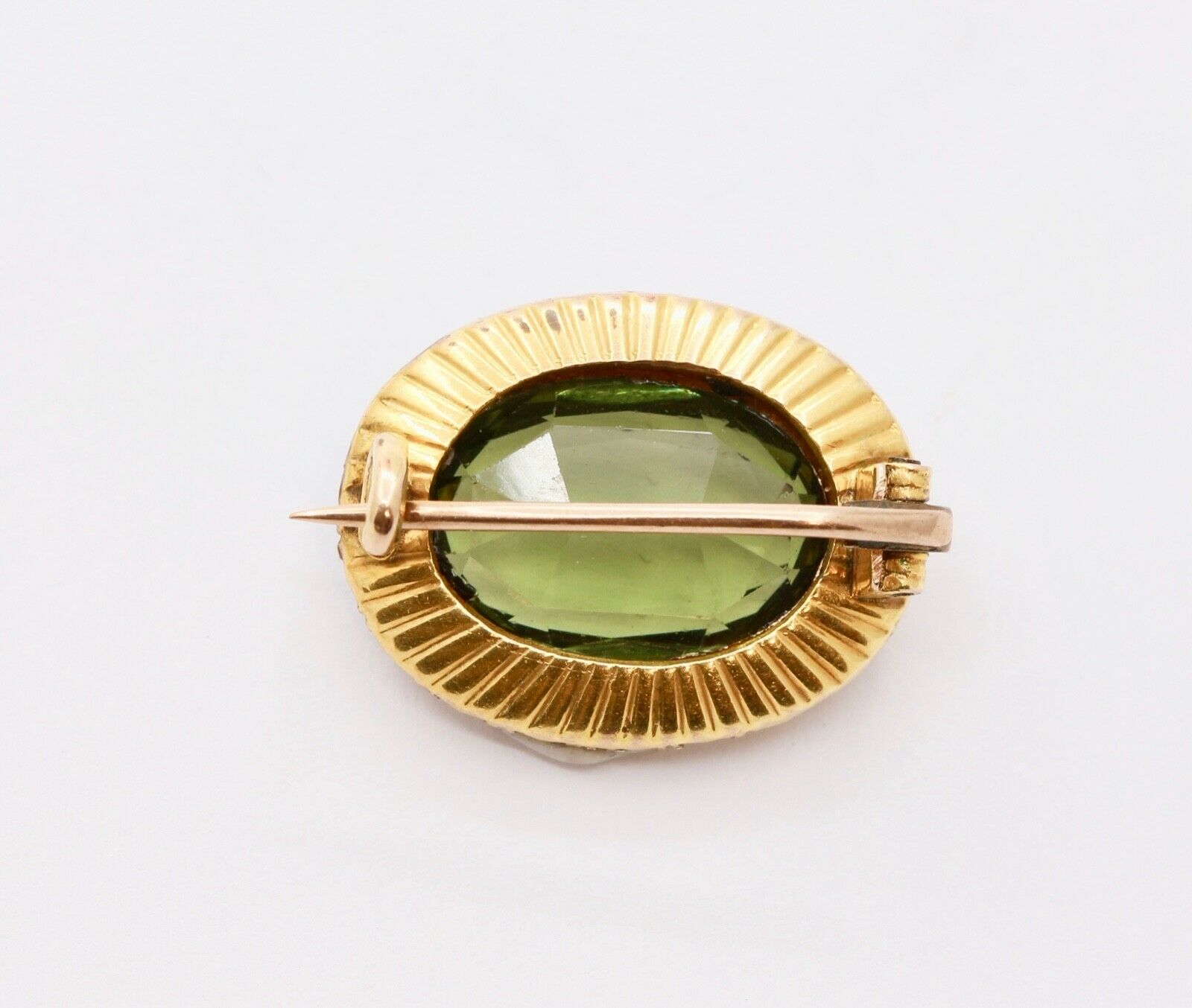 Edwardian 18K 14K Yellow Gold Peridot Seed Pearls Brooch Pin
