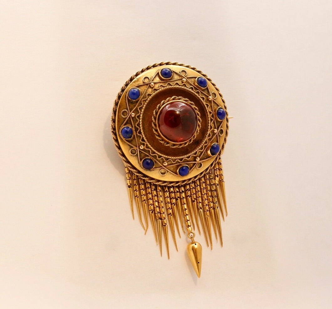 Victorian Memorial Garnet Lapis Lazuli 14K Yellow Gold Brooch Pin