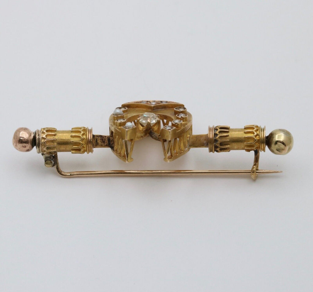 Victorian Era Russian Diamond Seed Pearls 16K Yelllow Gold Brooch Pin