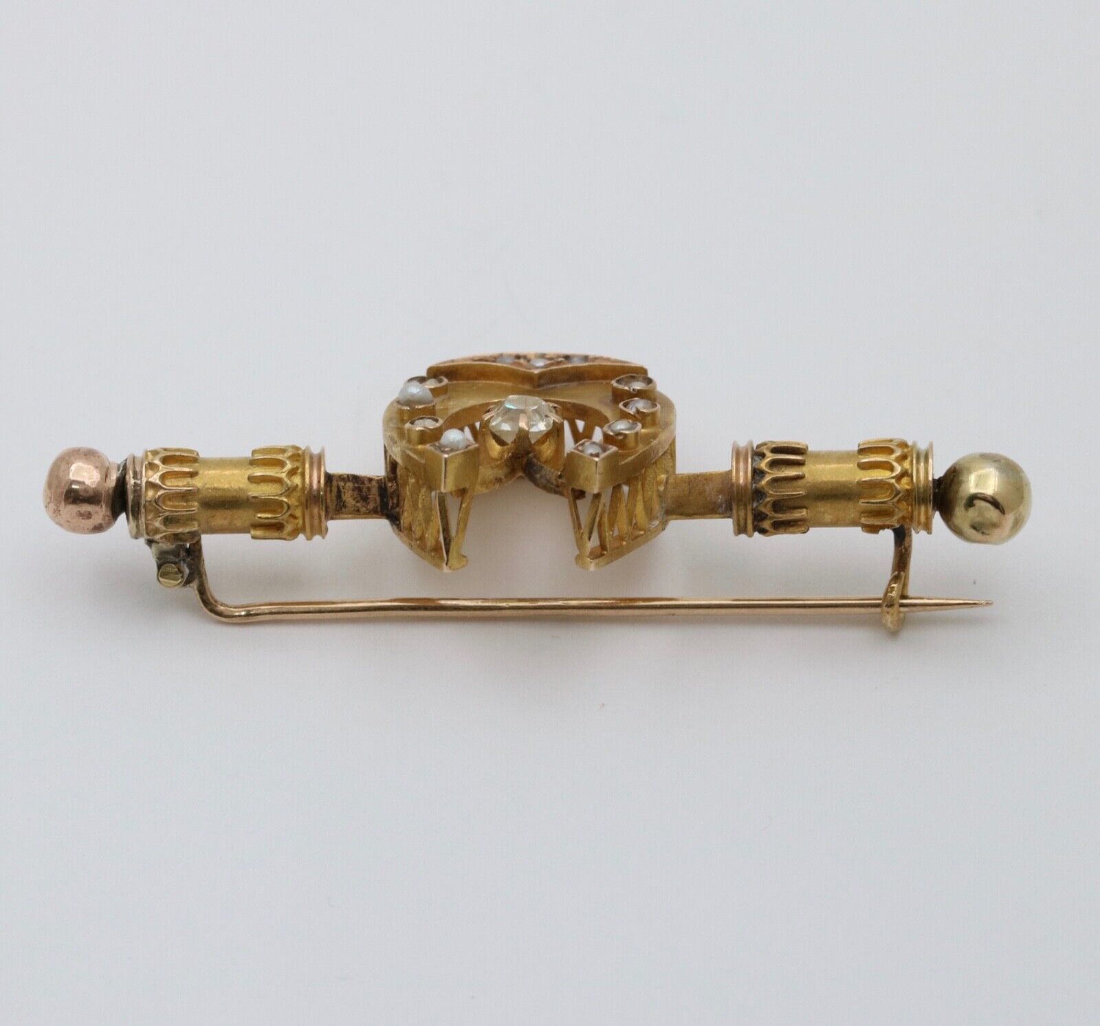 Victorian Era Russian Diamond Seed Pearls 16K Yelllow Gold Brooch Pin