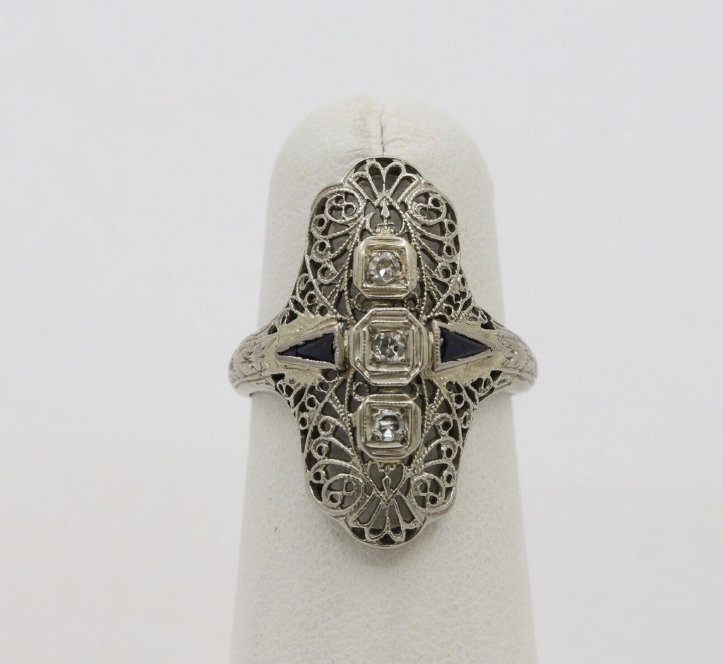 Art Deco 18K White Gold Diamonds Sapphires Ring