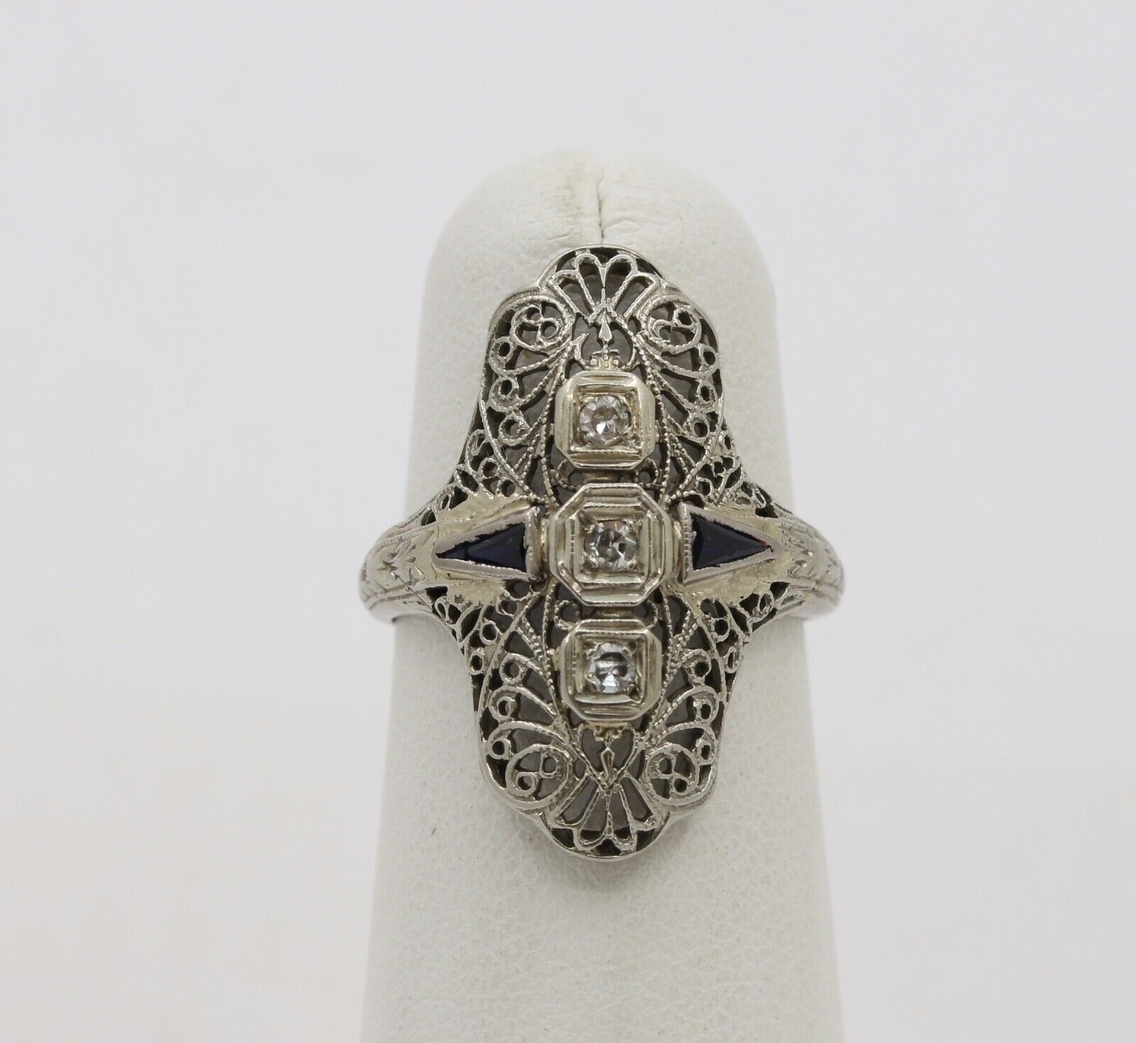 Art Deco 18K White Gold Diamonds Sapphires Ring