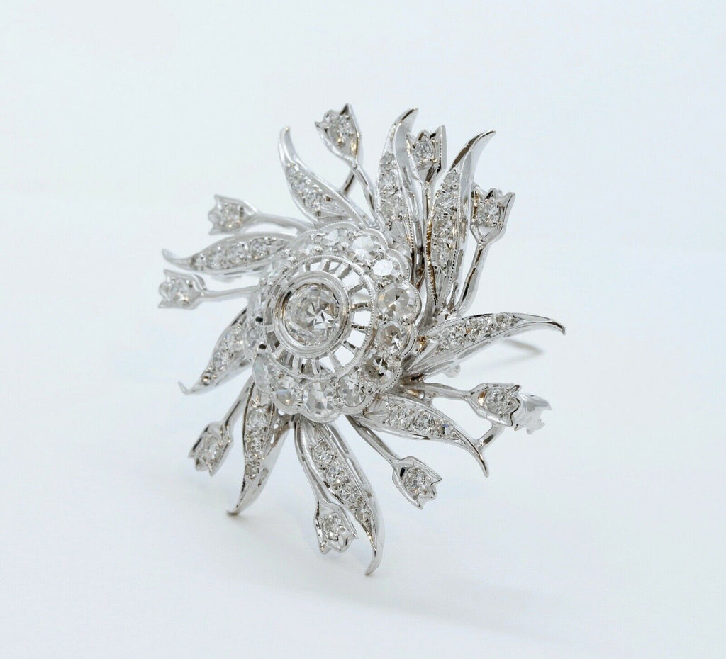 Ladies Vintage Flower Pinwheel 14K White Gold Diamonds Brooch Pin Pendant