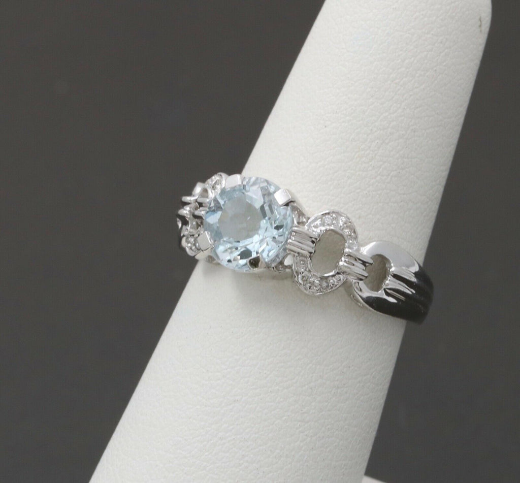 Vintage 14K White Gold Aquamarine Diamond Ring Band, Engagement Ring.