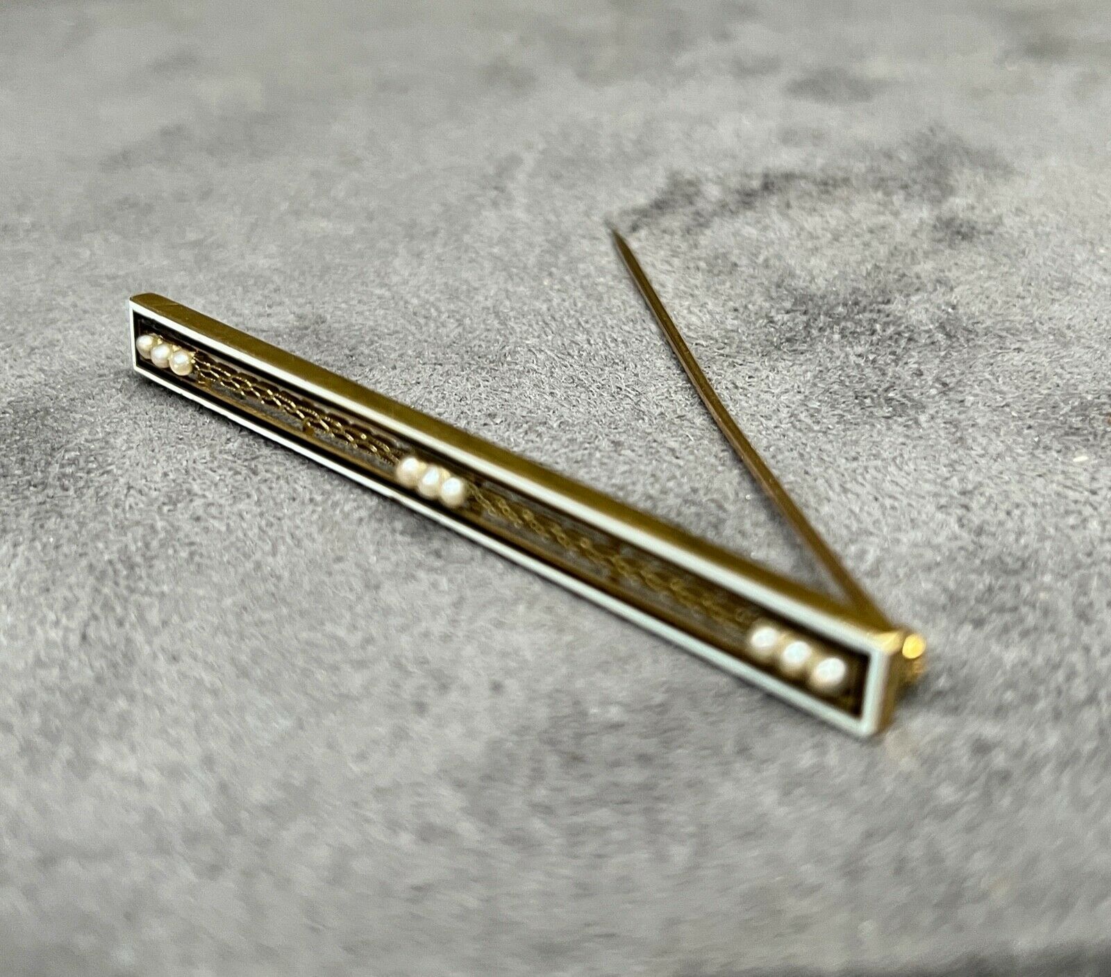 Antique Art Deco 14K Yellow Gold White & Black Enamel Seed Pearl Bar Pin Brooch