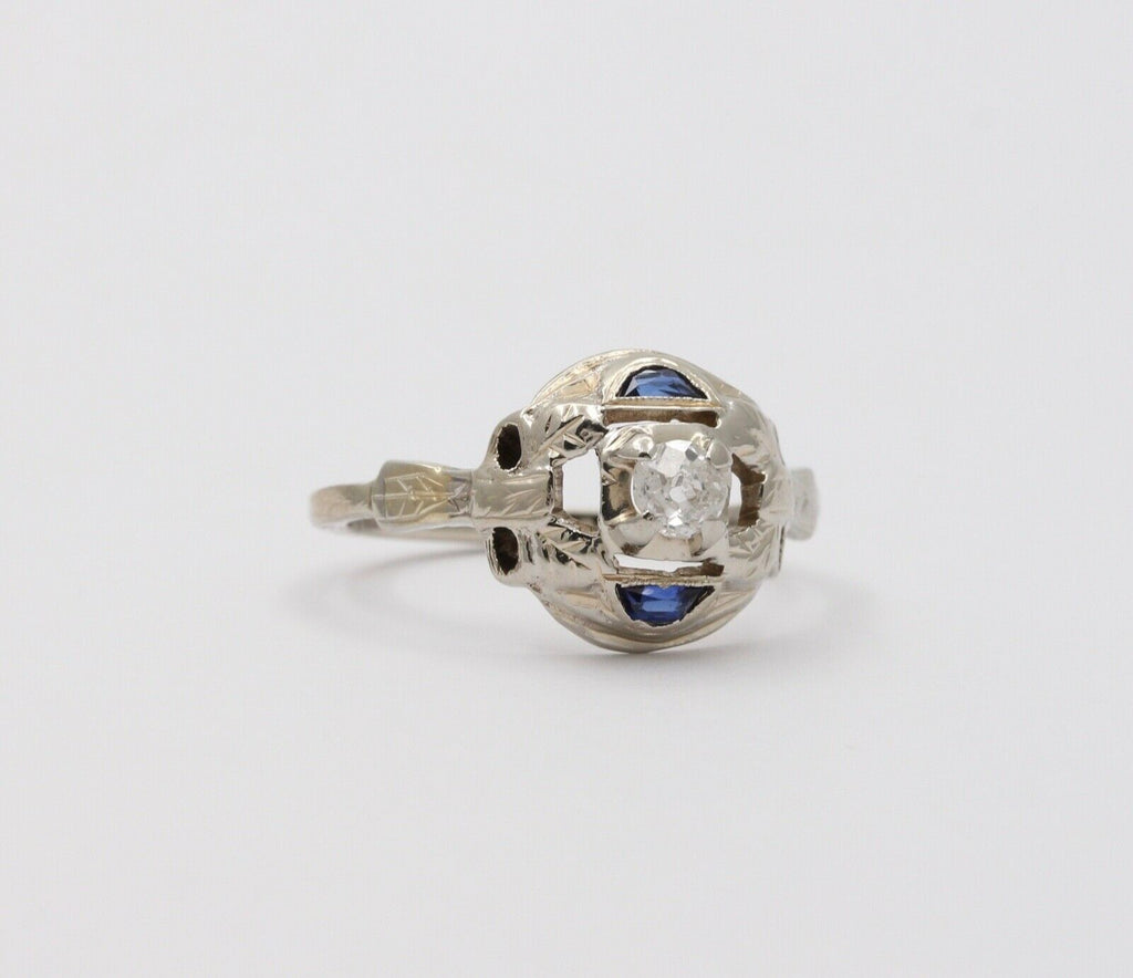 Art Deco Diamond Sapphires 18K White Gold Engagement Cocktail Ring
