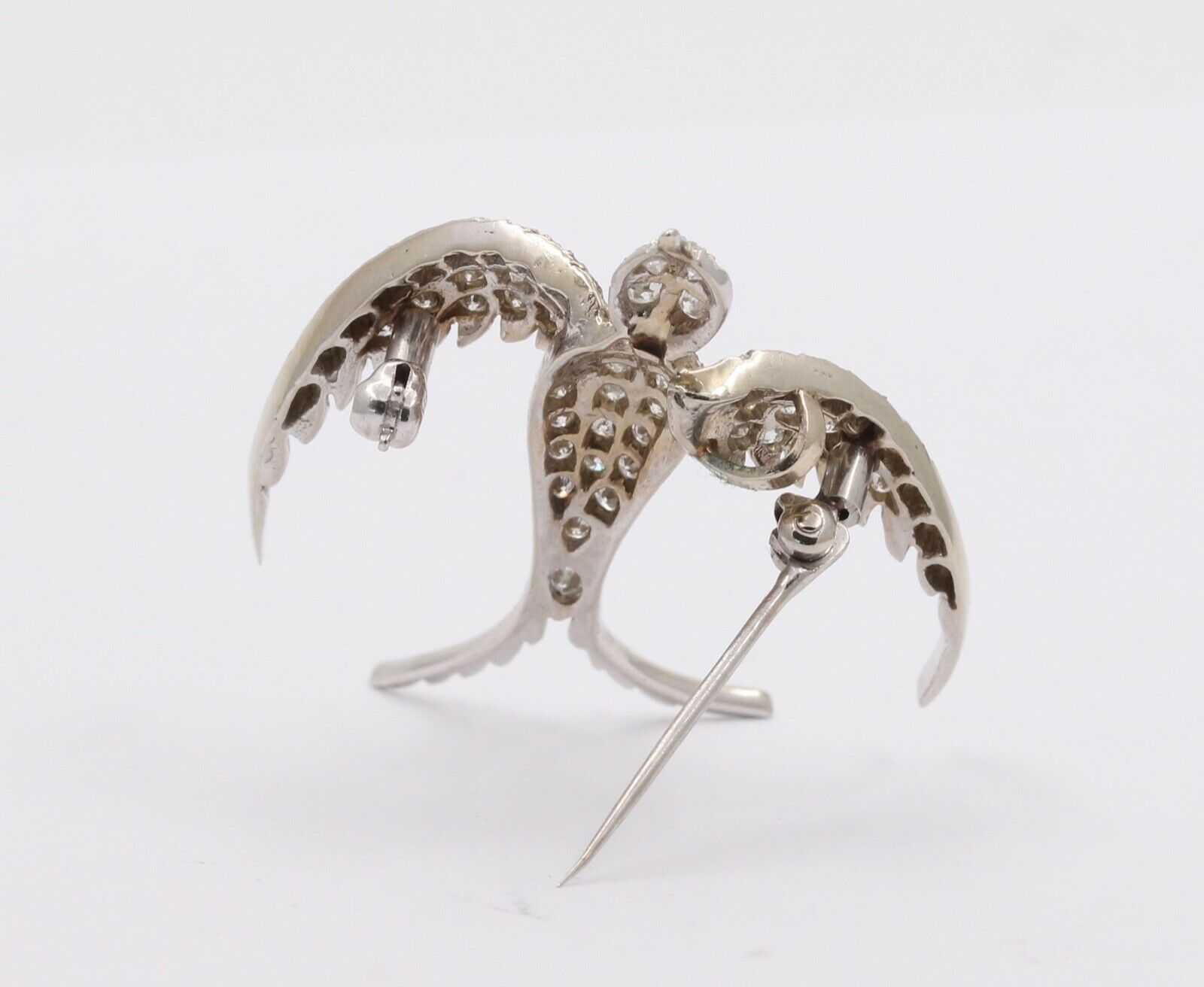 Vintage Swallow Bird Diamonds 14K White Gold Pendant Brooch Pin