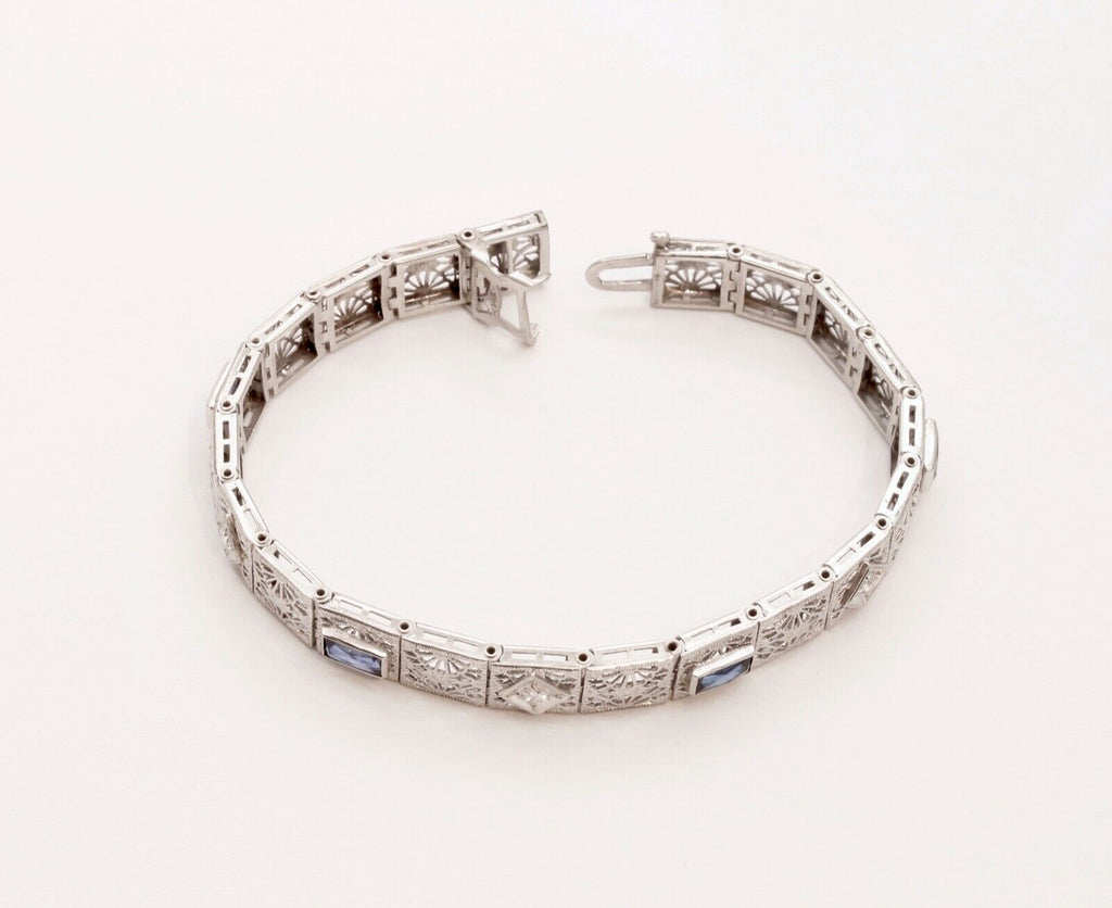 Art Deco Ladies Bracelet Diamonds Blue Sapphires 14K White Gold