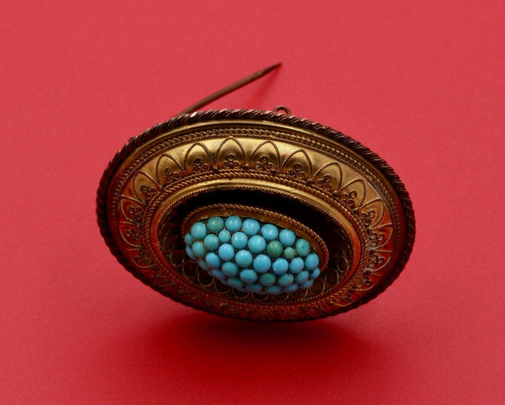 Victorian Etruscan Revival Turquoise 10K Yellow Gold Brooch Pendant Momento