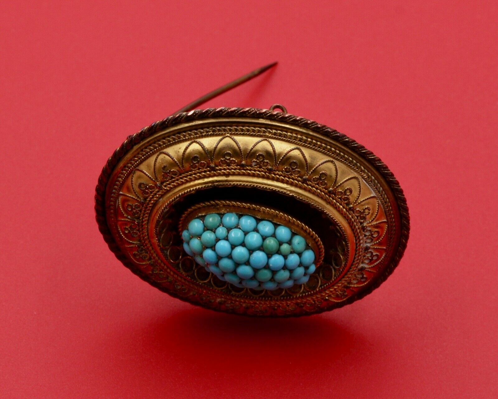 Victorian Etruscan Revival Turquoise 10K Yellow Gold Brooch Pendant Momento