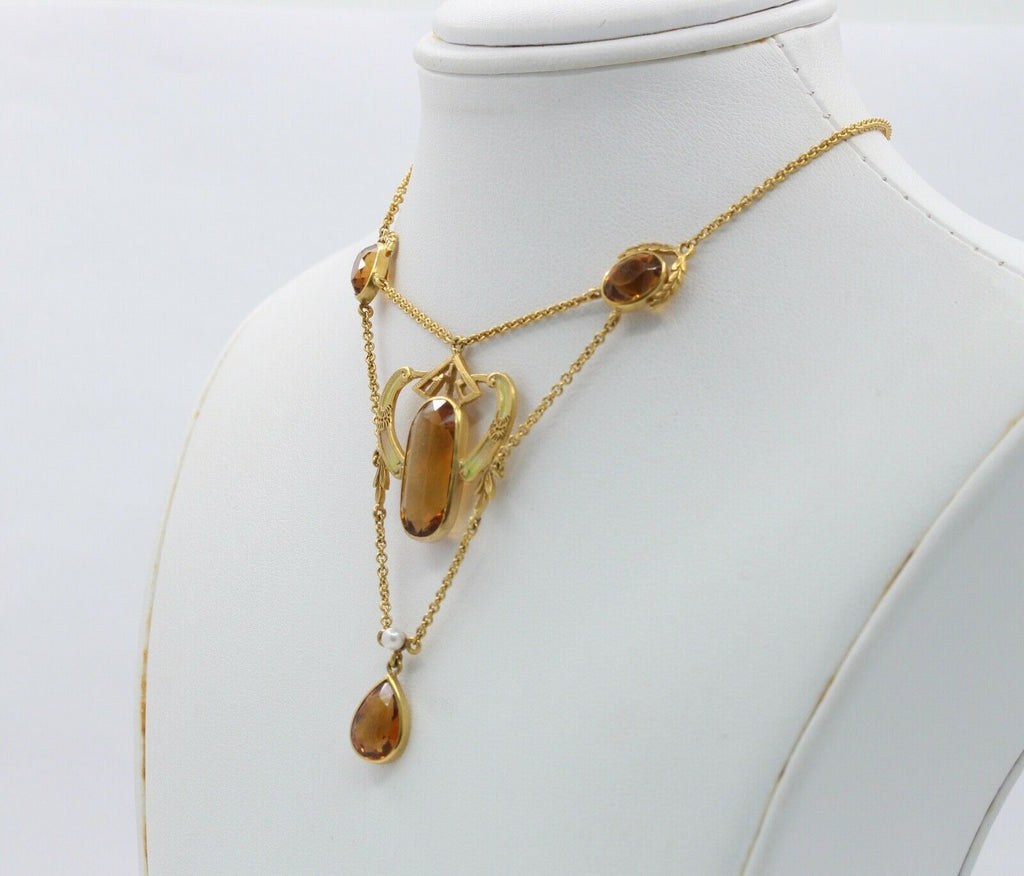 Art Nouveau 14K Yellow Gold Citrine Pearl Enamel Pendant Necklace