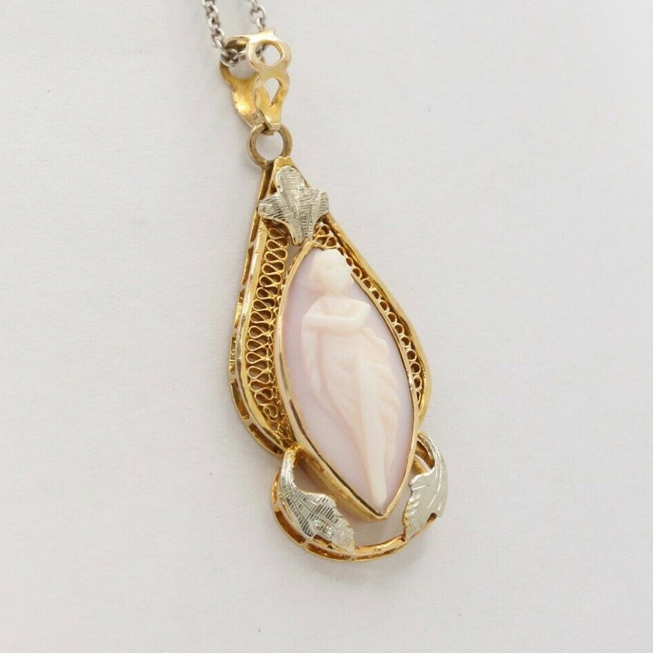 Art Nouveau 10K Yellow Golld & White Gold Carved Coral  Cameo  Pendant