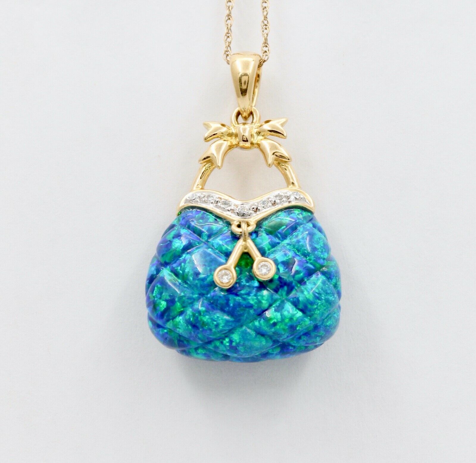 Cute Vintage 14K Synthetic Opal Diamond Purse Pendant