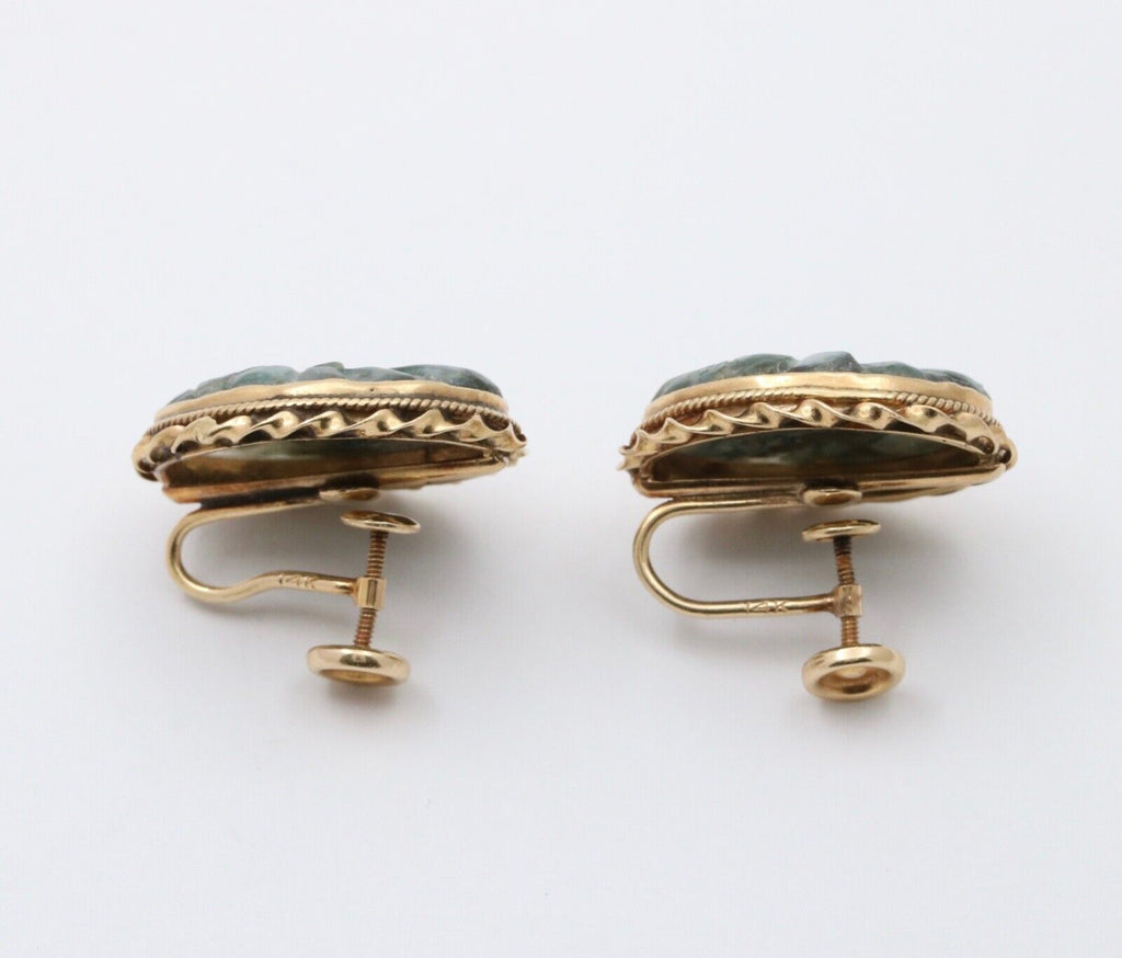 Vintage Carved Jade Flowers 14K Yellow Gold Earrings