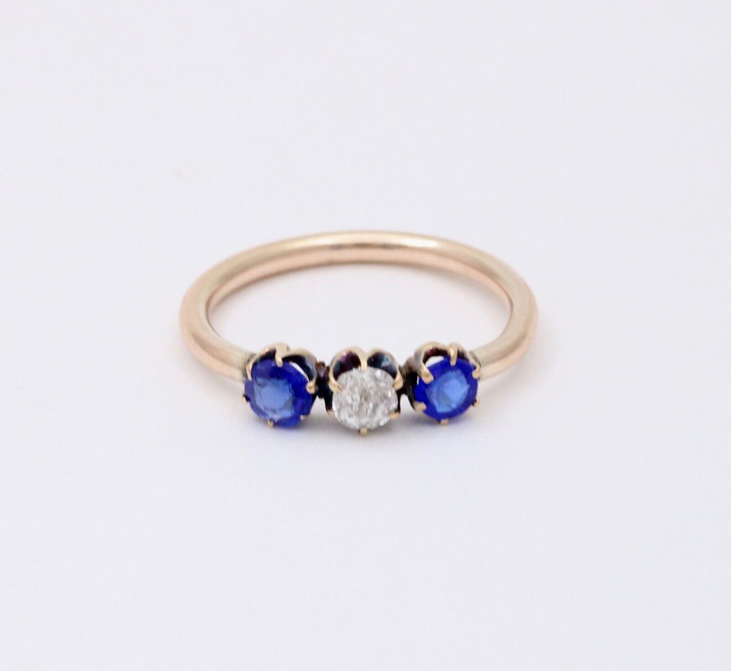 Victorian Old European Diamond Synthetic Sapphires 10K Yellow Gold Ring