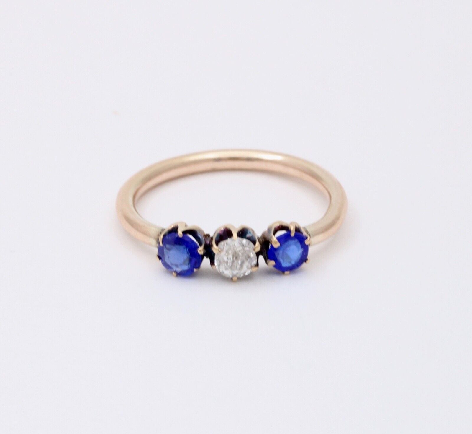 Victorian Old European Diamond Synthetic Sapphires 10K Yellow Gold Ring