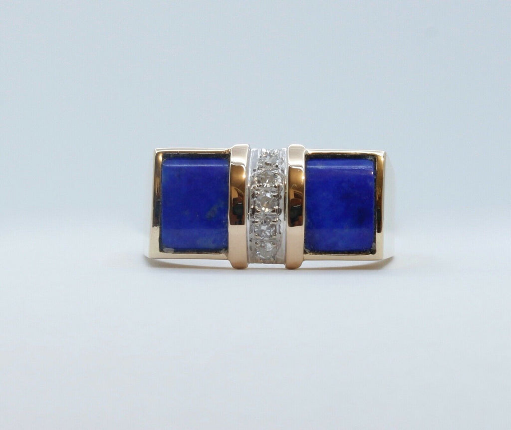 Cool Unisex Geometric Lapis Lazuli Diamonds 14K Yellow Gold Ring
