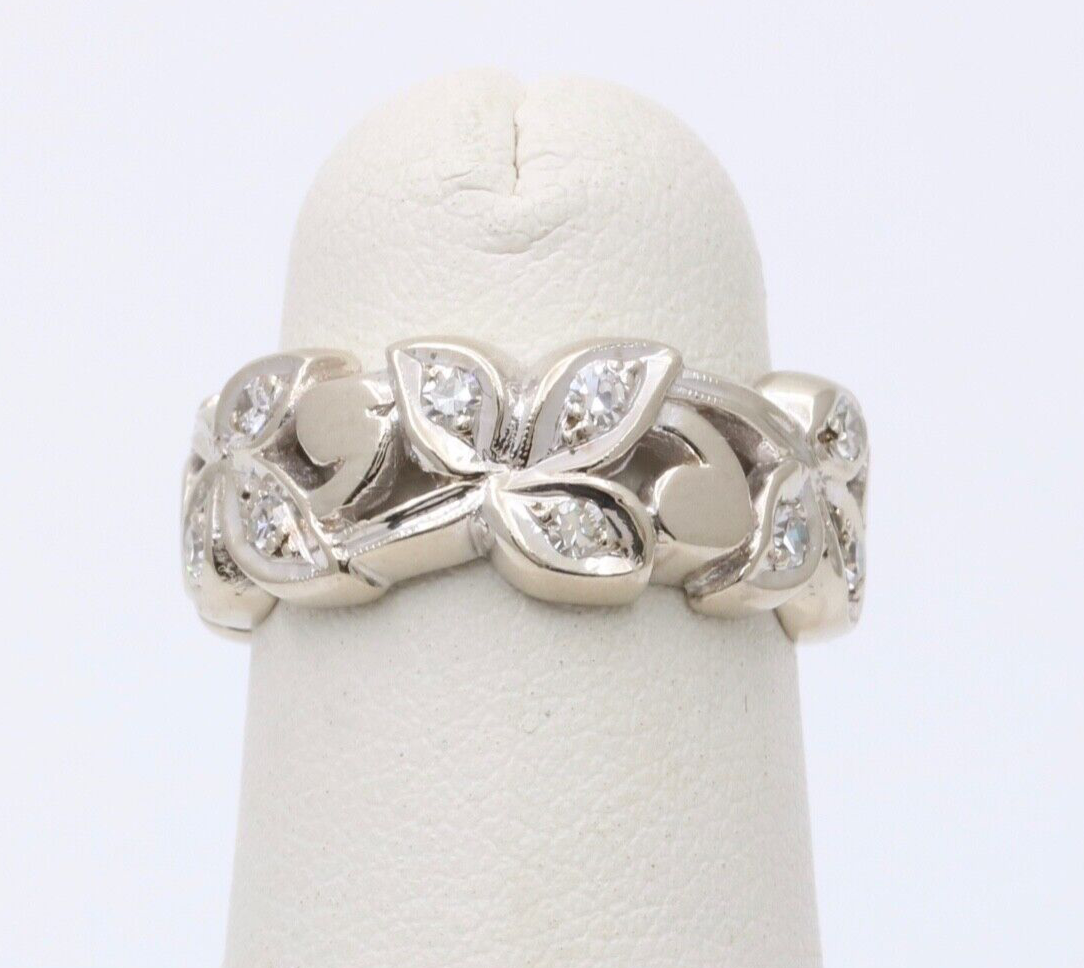 Vintage 14K White Gold Diamond Wide Ring Band.