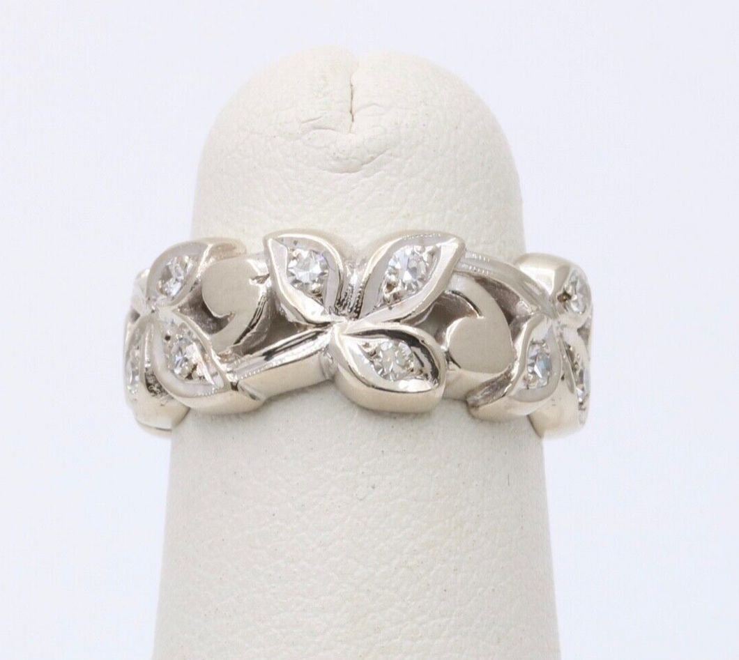 Vintage 14K White Gold Diamond Wide Ring Band.