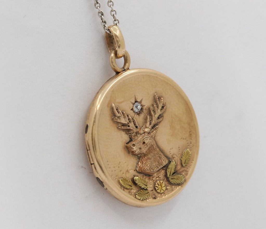 Vintage Locket Pendant Diamond 10K Rose Yellow Gold Elk
