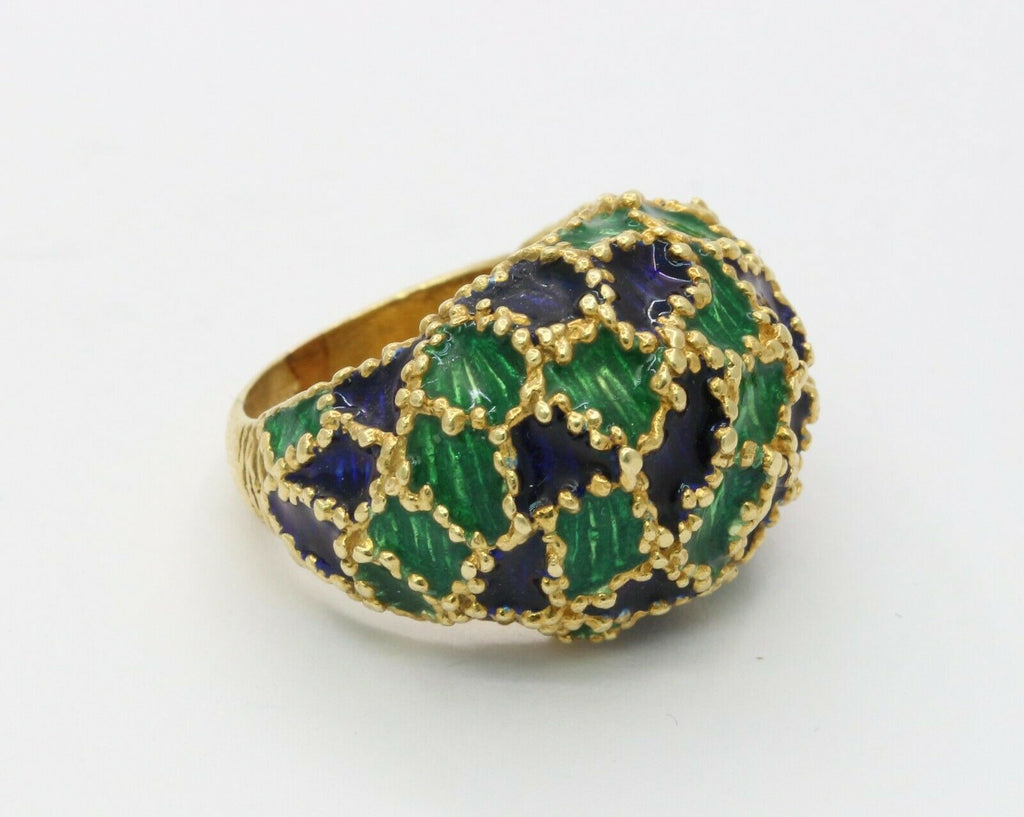 Vintage 18K Gold Blue & Green Enamel Dome Ring