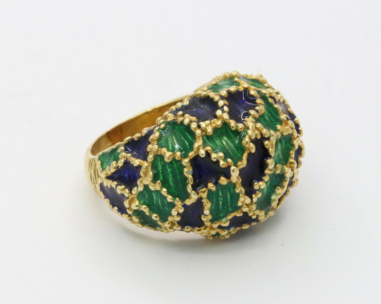 Vintage 18K Gold Blue & Green Enamel Dome Ring