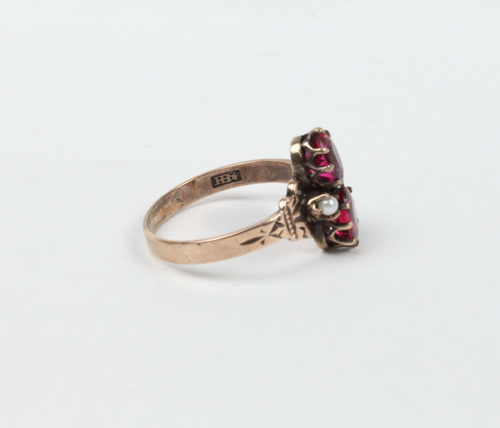 Rare Beautiful Victorian Ruby Seed Pearl 9K Rose Gold Ring