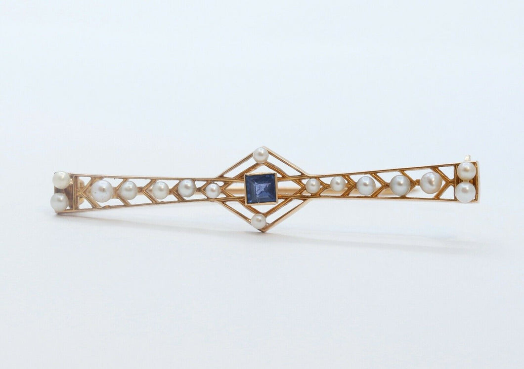 Art Deco 14K Yellow Gold Blue Sapphire Pearls Brooch Pin