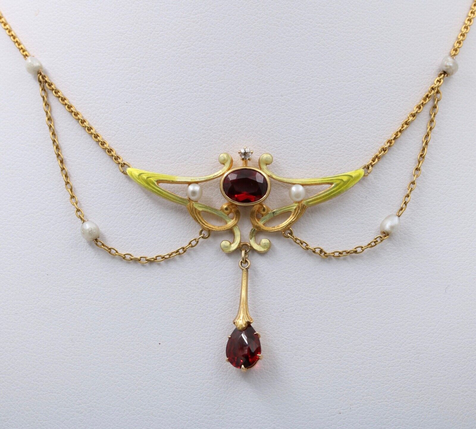 Art Nouveau 14K Yellow Gold Garnet & Pearl Enamel Festoon Necklace.