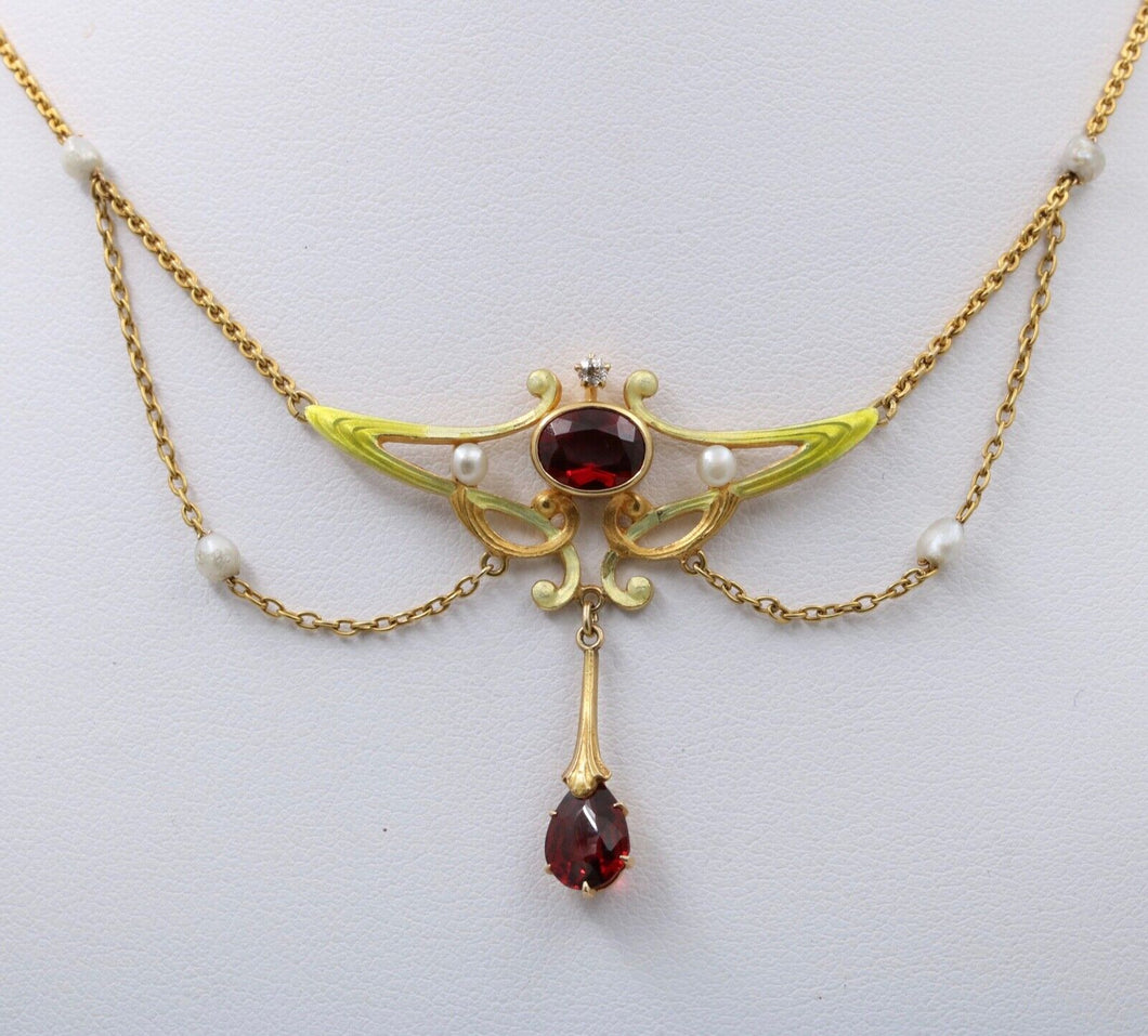 Art Nouveau Pendant Chain Garnet Natural Pearls Diamonds 14K Yellow Gold