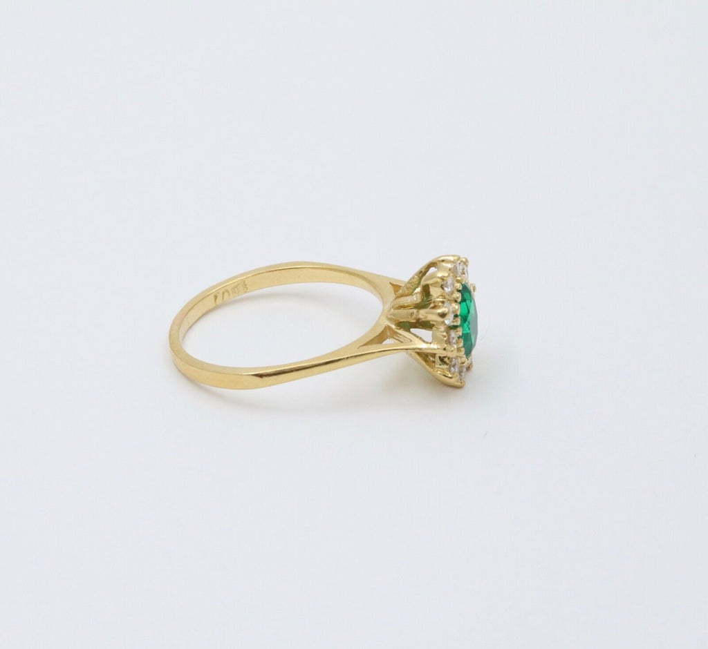 Vintage 18K Gold Emerald Diamond Halo Ring, Engagement Band
