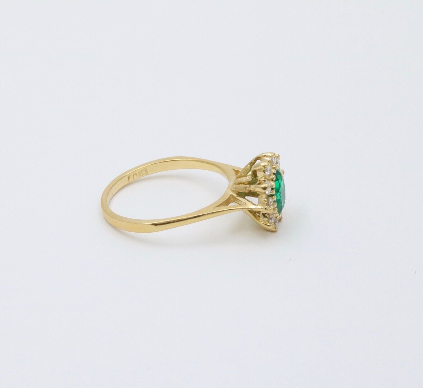 Vintage 18K Gold Emerald Diamond Halo Ring, Engagement Band