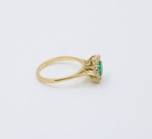 Load image into Gallery viewer, Vintage 18K Gold Emerald Diamond Halo Ring, Engagement Band
