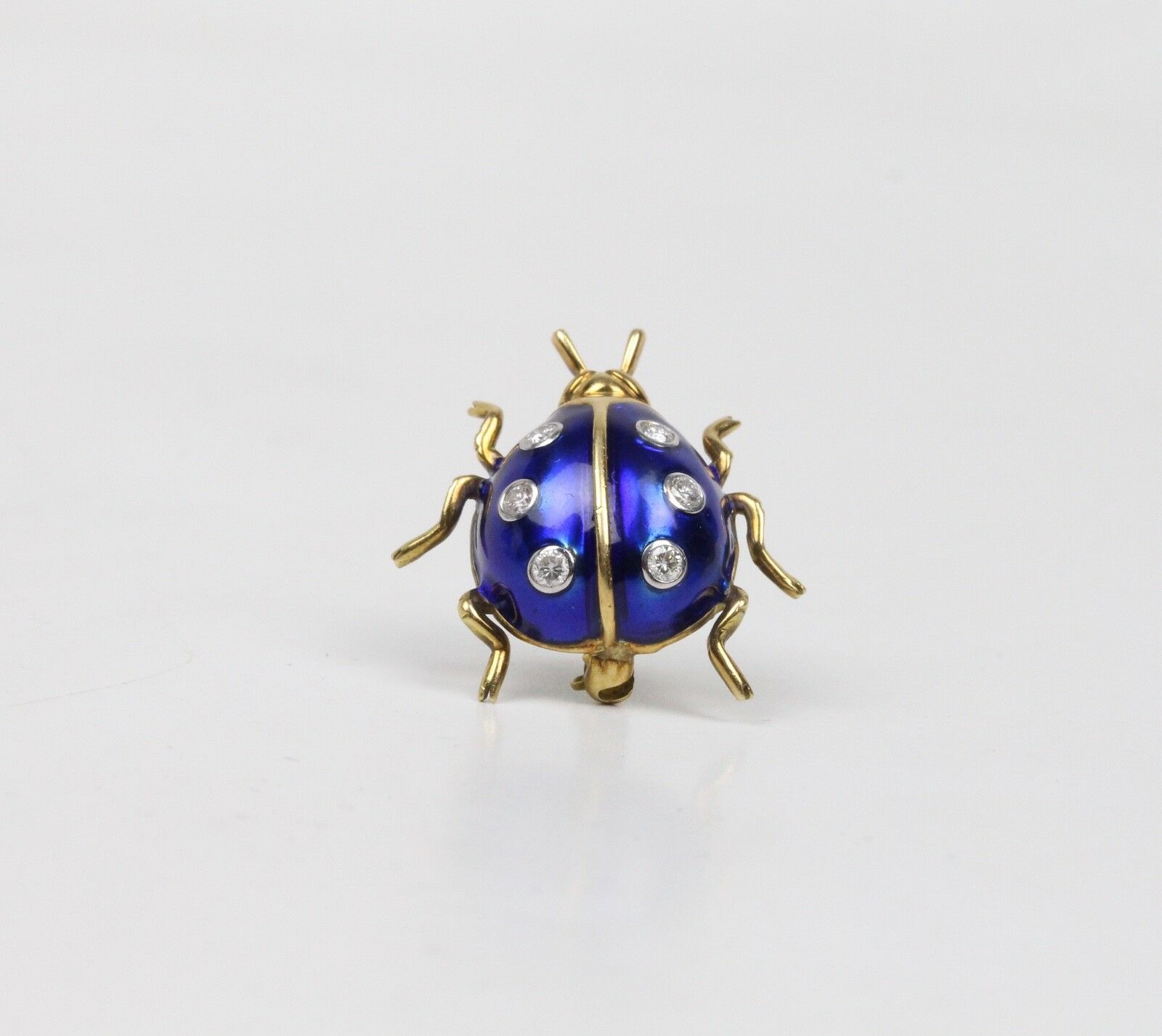 Vintage Ladies 18K Yellow Gold Diamonds Blue Enamel Ladybug Brooch Pin