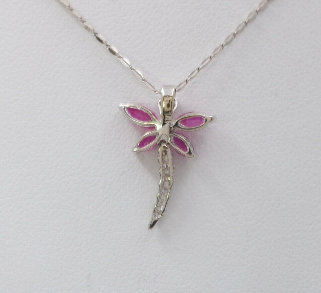 Sweet 14K White Gold Ruby Diamond Dragonfly Pendant Necklace