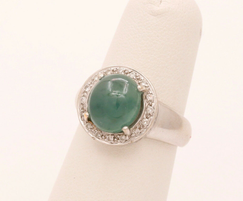Vintage Watery Transcluscent Jade Diamonds Halo 14K White Gold Ring