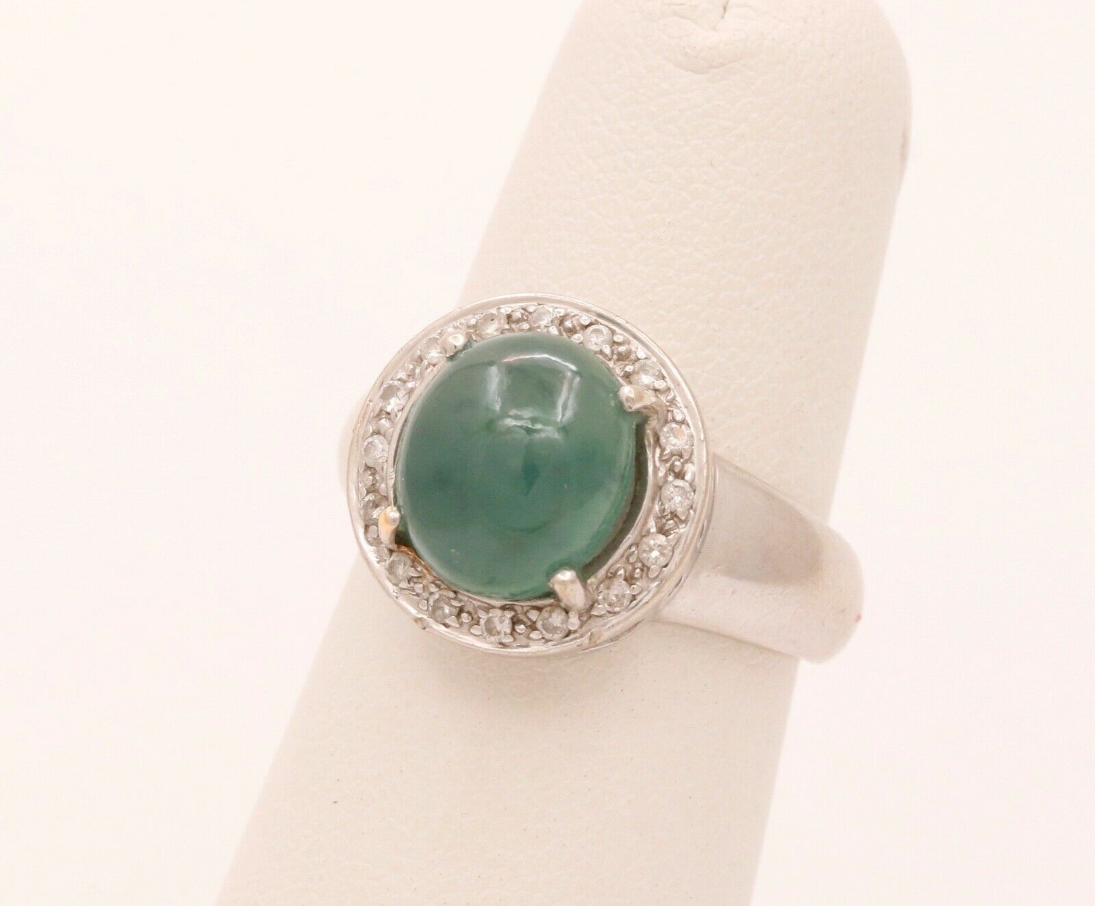 Vintage Watery Transcluscent Jade Diamonds Halo 14K White Gold Ring