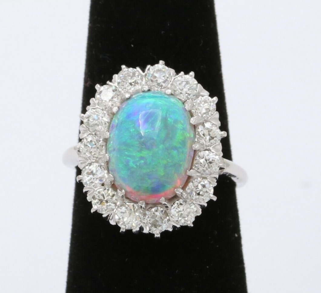 Art Deco Platinum Australia Opal & Old Mine Cut Diamond Halo Engagement Ring