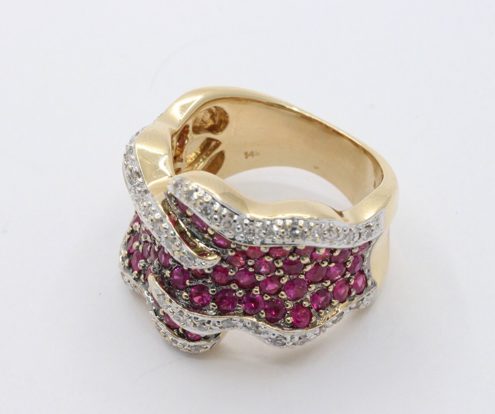 Vintage Ladies 14K Yellow Gold Rubies Diamonds Bypass Ring