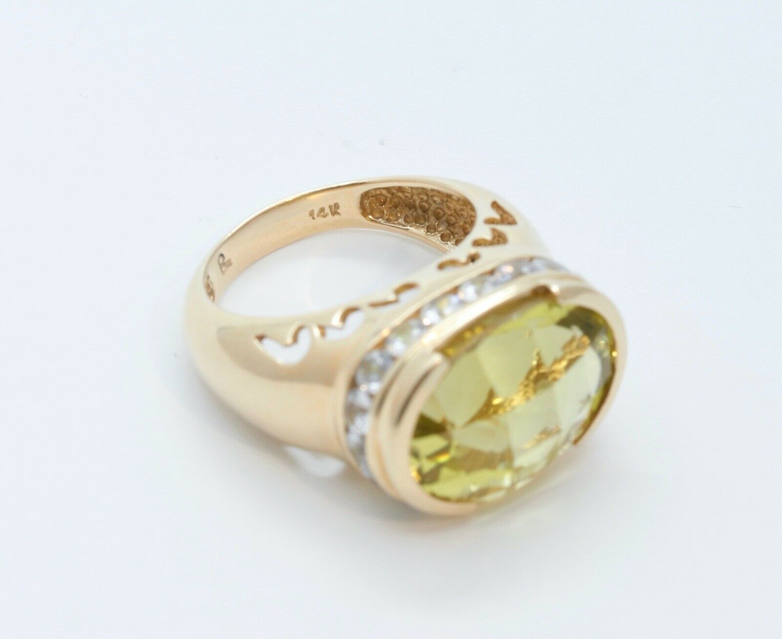 Large Statement Ladies Lemon Green Quartz Diamonds 14K Yellow Gold Ring