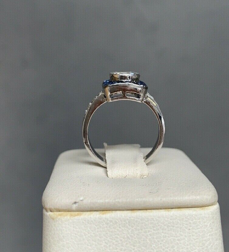 Vintage Art Deco Style 18K Gold Diamond & Sapphire Halo Ring, Engagement Ring.