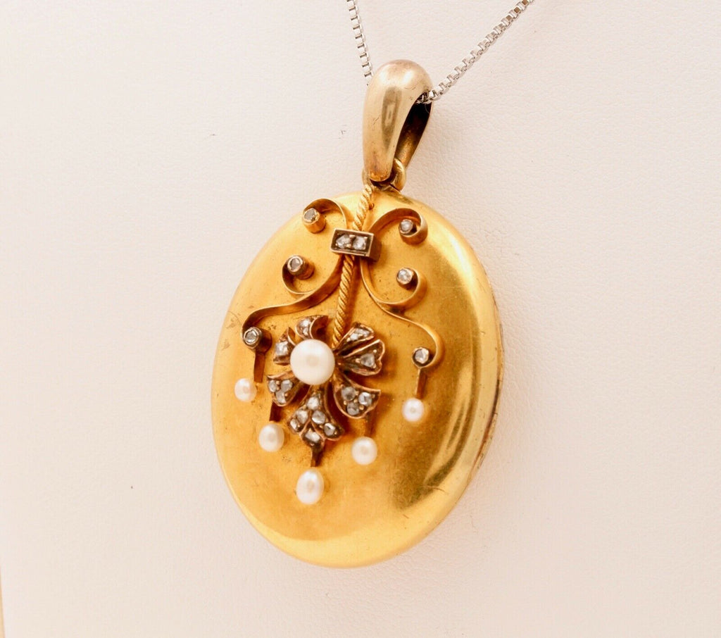 Victorian 18K Yellow Gold Diamonds Pearls Pendant Locket