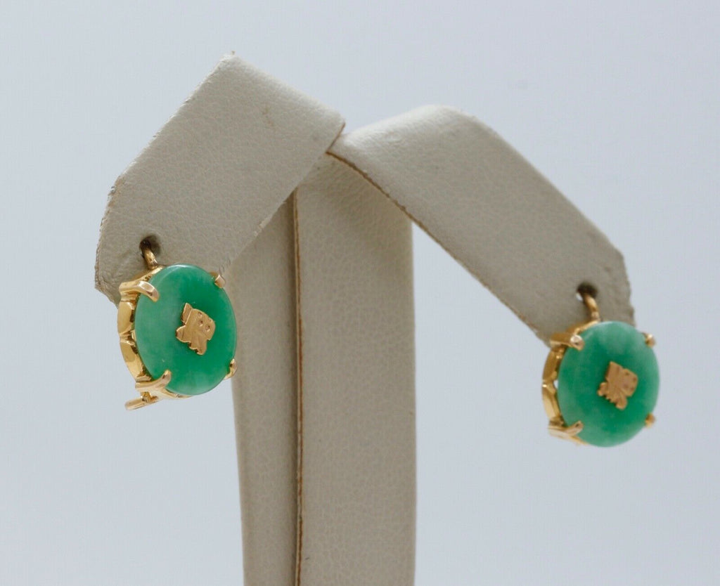 Vintage Good Luck Jade 14K Yellow Gold Earrings
