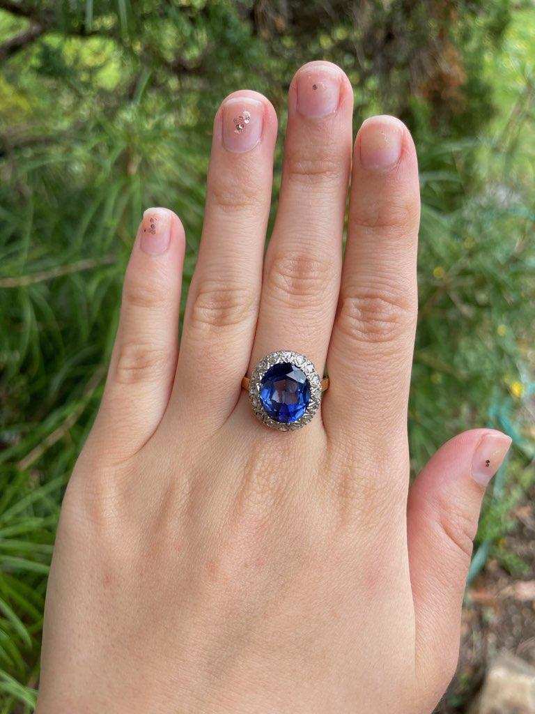 Victorian 18K Yellow Gold Rose Cut Diamond Sapphire Cocktail Ring