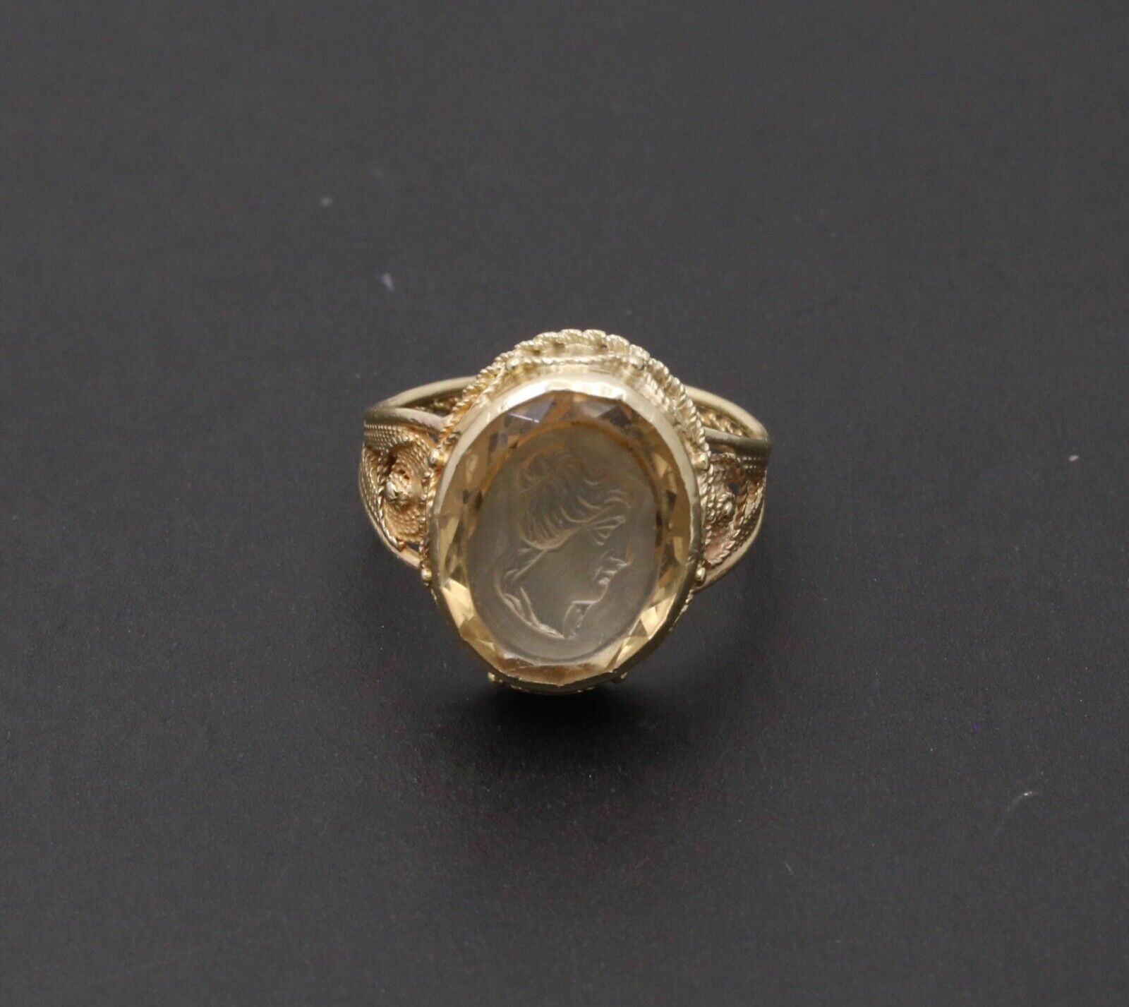 Vintage Carved Portrait Citrine 14K Yellow Gold Ring
