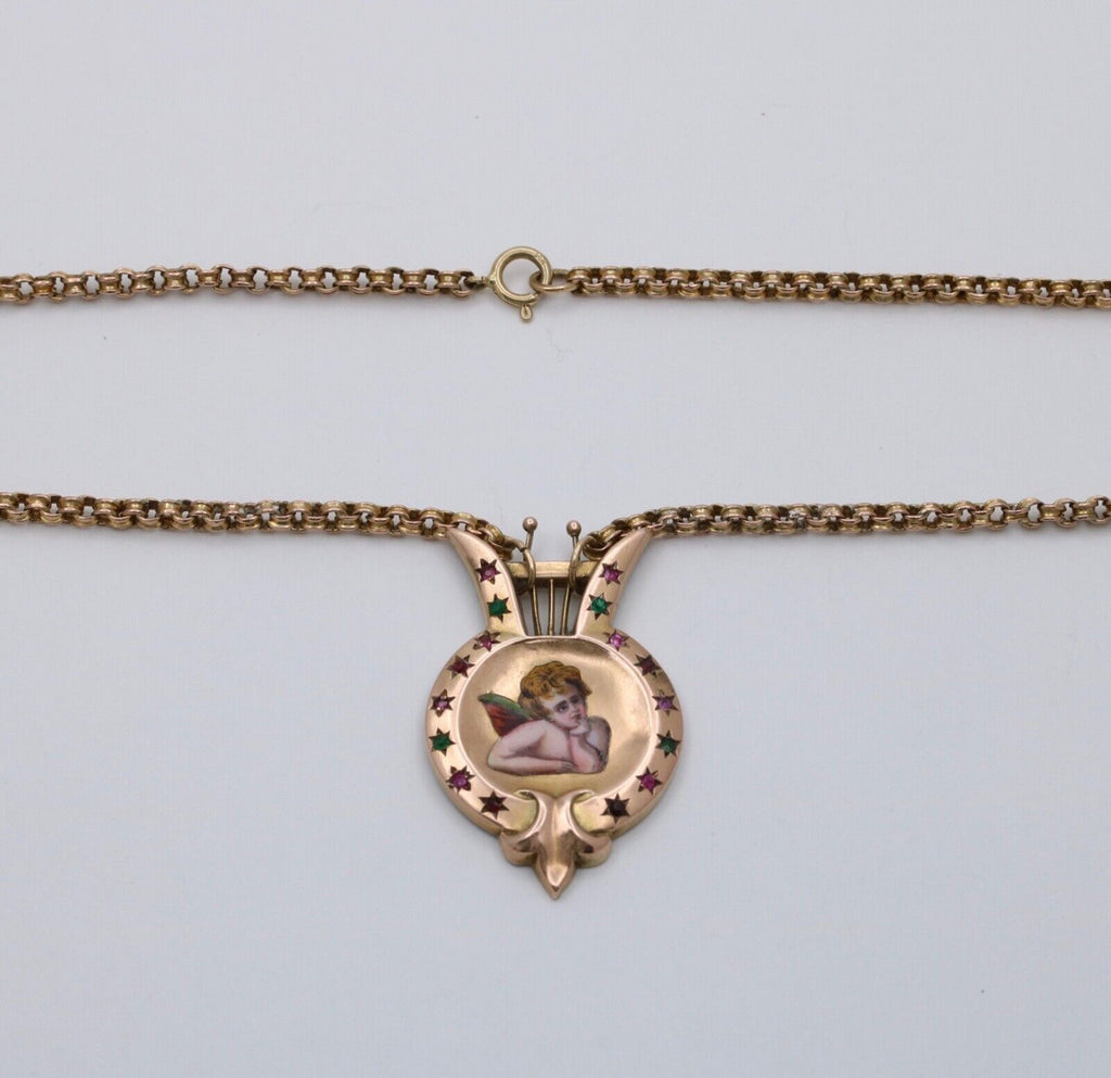 Victorian Enamel Cherub Emerald Ruby Garnet Amethyst 14K Pendant and Rolo Chain